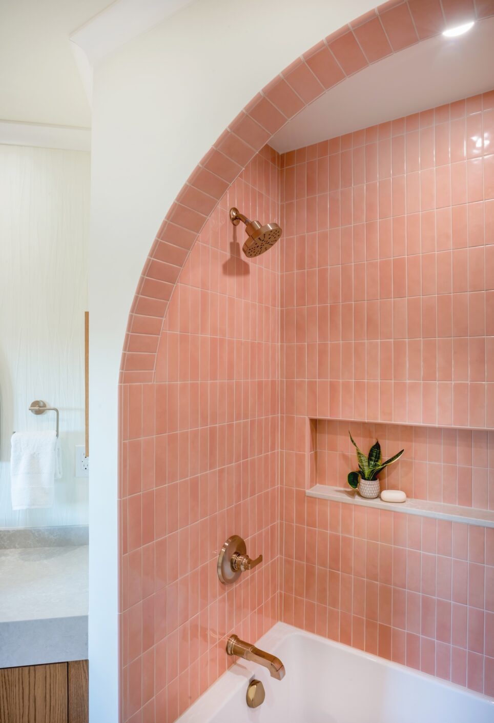Arched Shower Wall Salmon Pink Tile