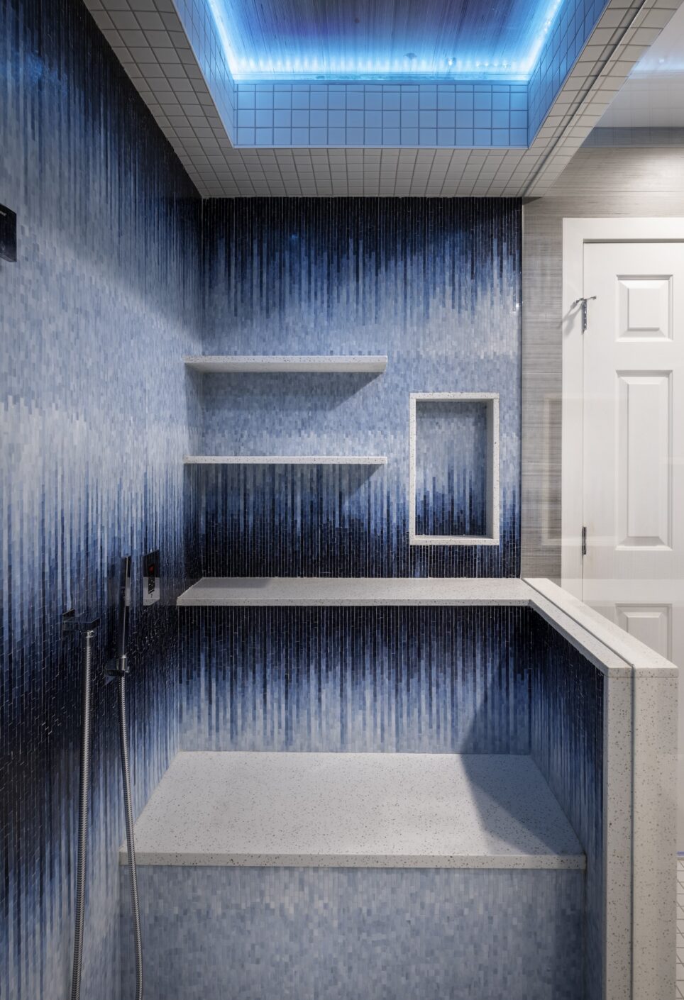 Blue Neon Ceiling Lighting In Bathroom Shower