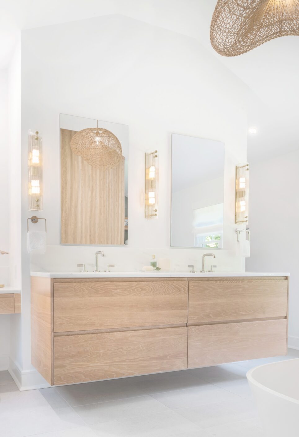 Natural Wood And White Primary Bathroom Design