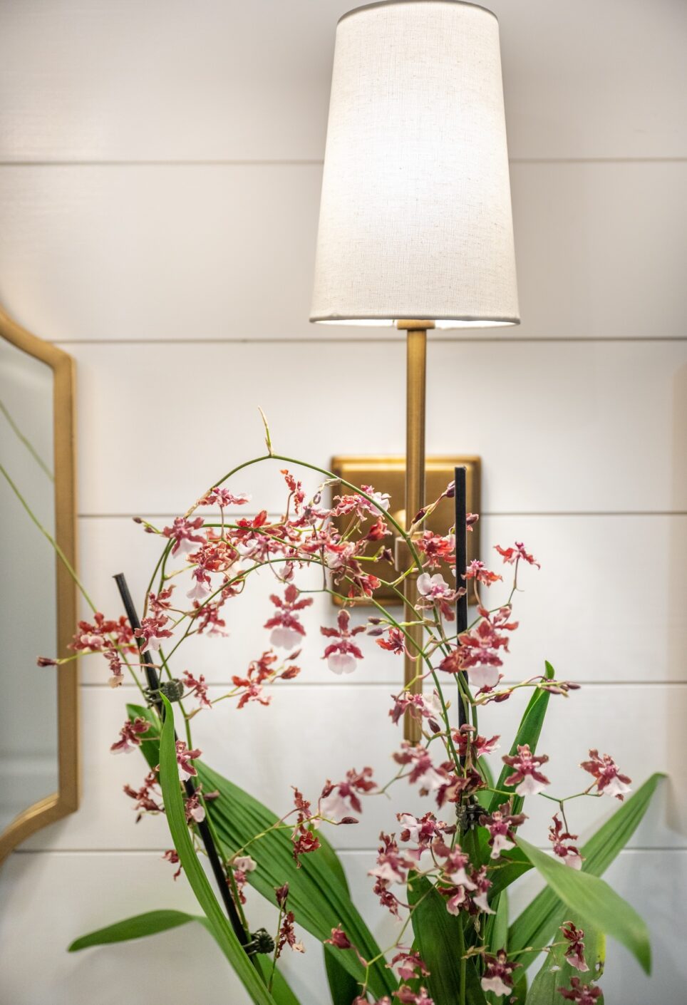 Sconce On White Shiplap Wall Bathroom Design