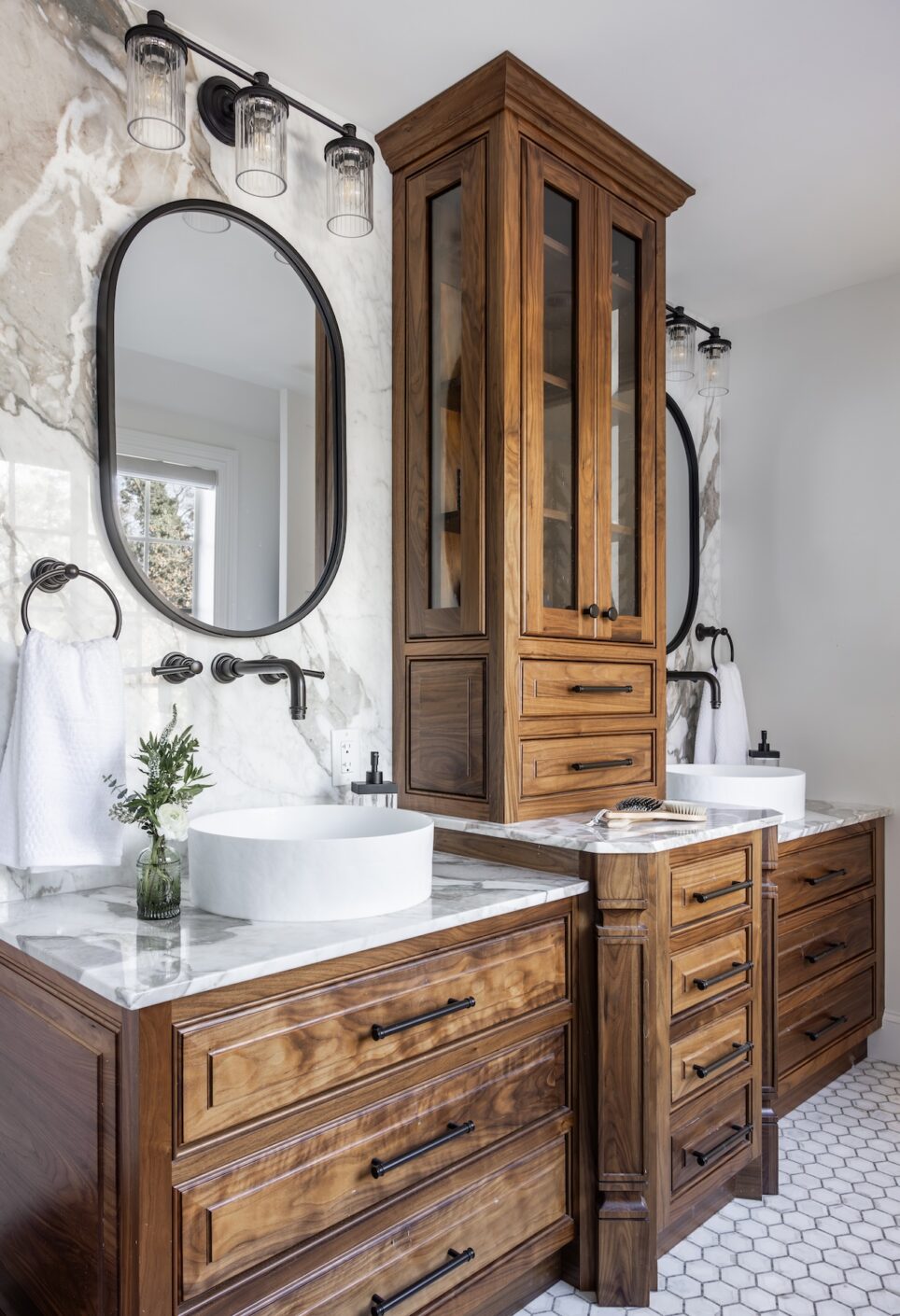 Stained Wood Vanity Primary Bathroom Design