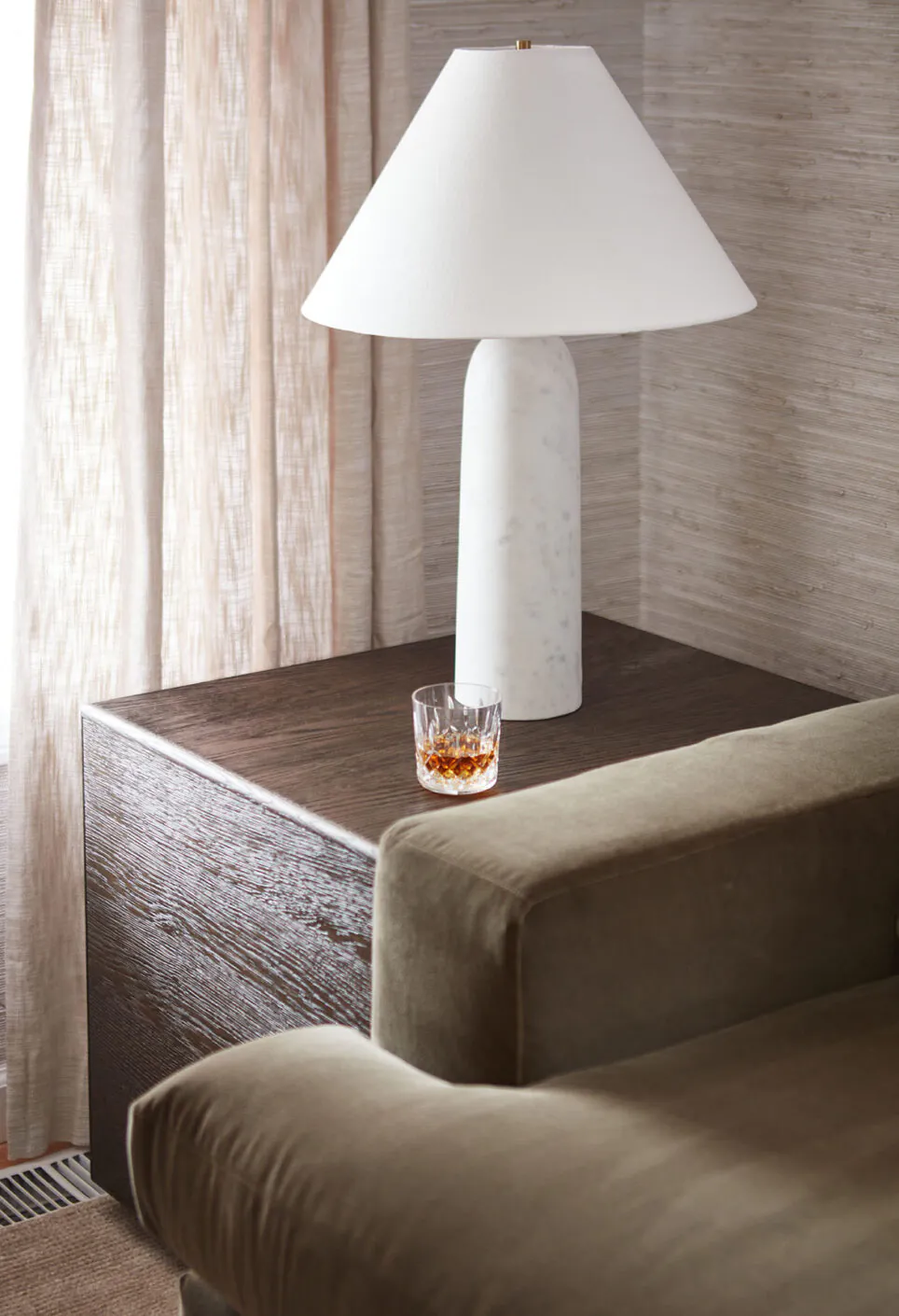 Square Wooden End Table With Velvet Chair And White Lamp